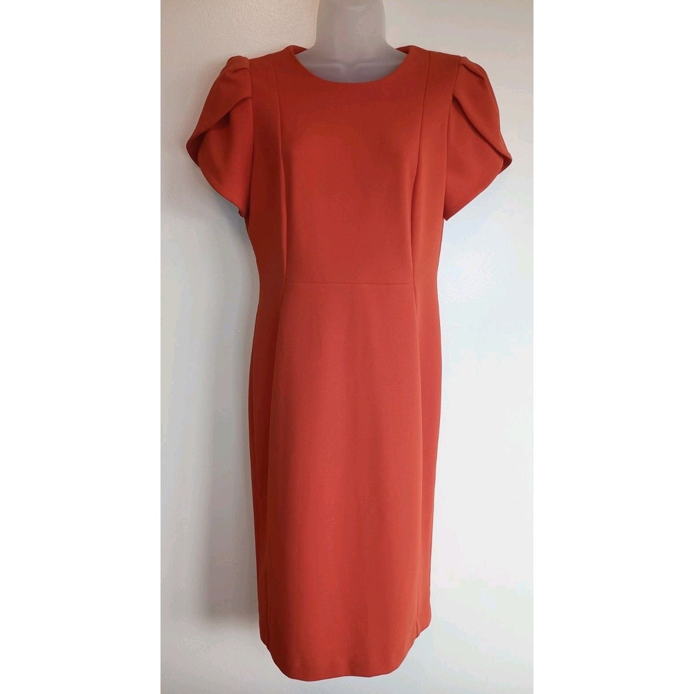Calvin Klein Sz 8 Orange Sheath Dress Tulip Sleeve Gold Zip Office Chic Cocktail